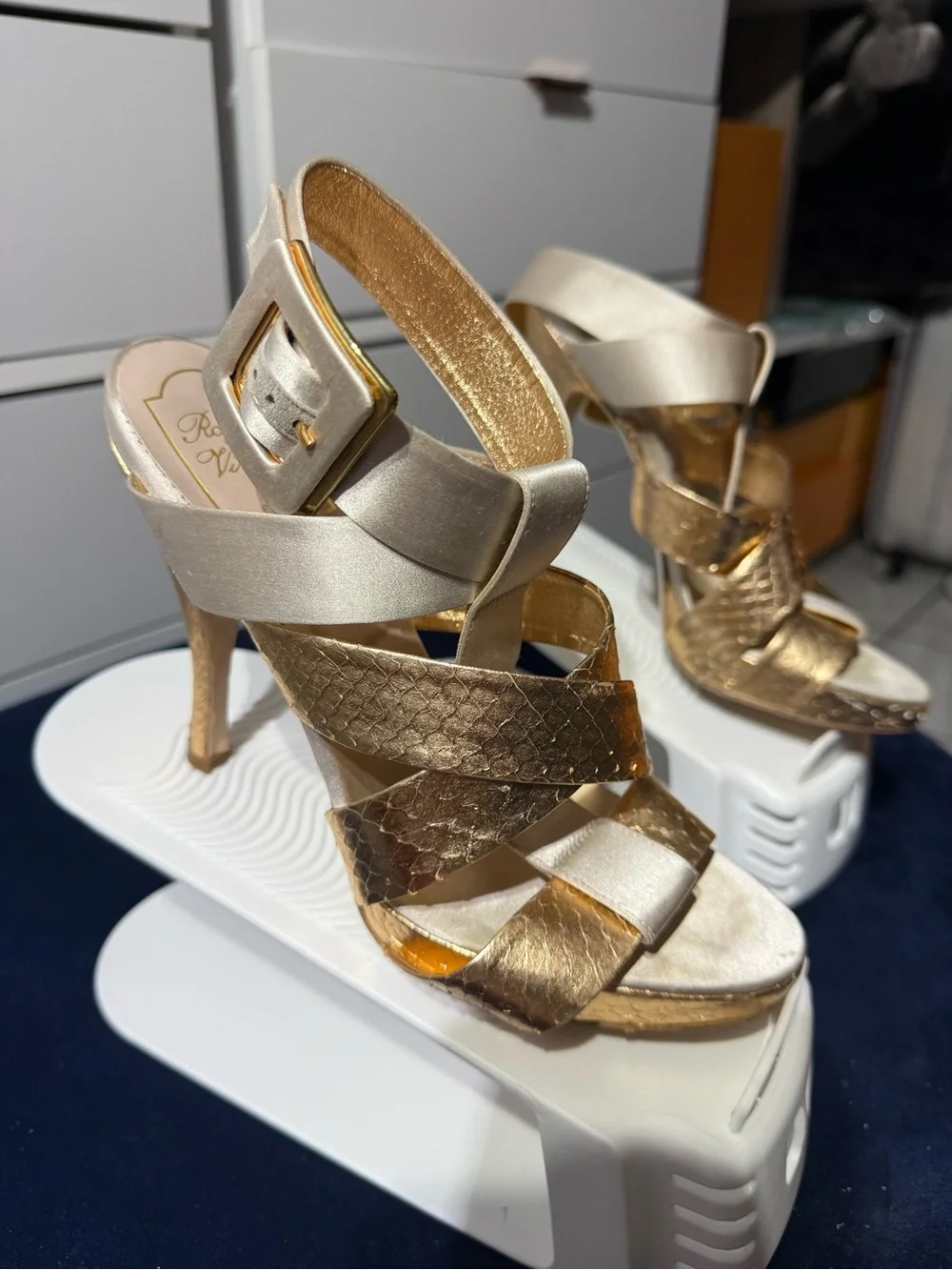 Roger Vivier Gold and Cream Strappy Platform Sandals